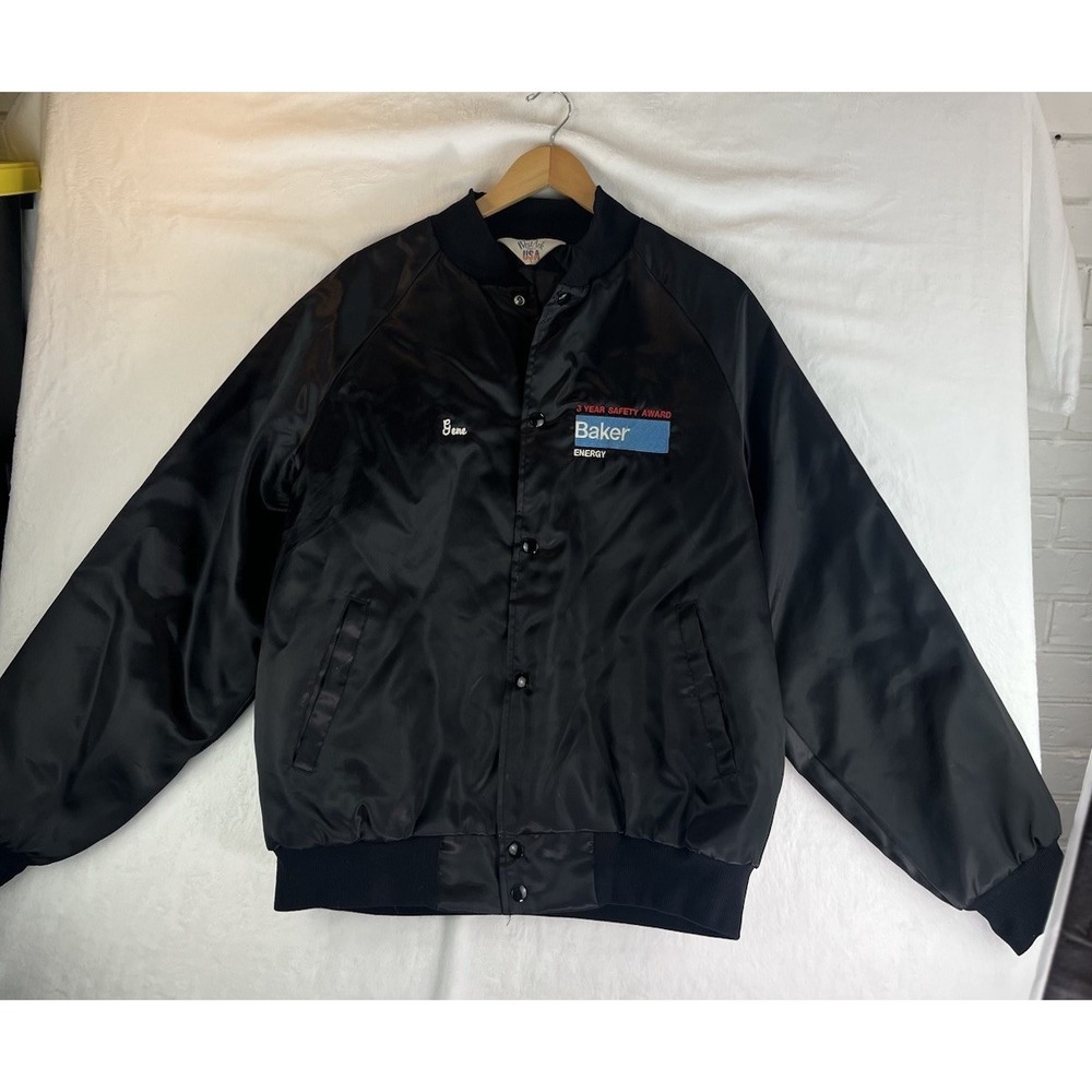 Vintage Chevrolet Satin Jacket Mens Large Black Bomber West Ark USA Baker